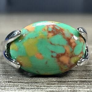 925 Sterling Silver Green Oval Art Glass Ring Color Splash Boho Modern Sz 8.75